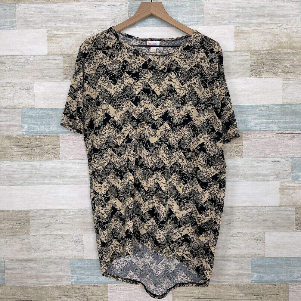 LuLaRoe Irma High Low Tunic Top Black Yellow Floral Chevron Oversized Womens XXS